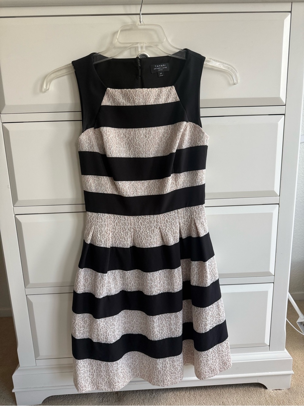 Tahari ASL Black and Cream Striped Sleeveless Fit-and-Flare Dress